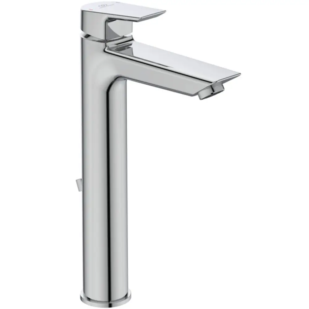 Ideal Standard Waschtischarmatur in Chrom-Optik mit einem flachen, rechteckigen Auslauf und einem seitlichen Hebel zur Wasserregulierung.
